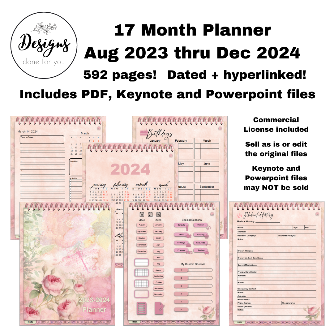 17 Month Digital Planner PLR with commercial license Pink floral | Powerpoint, Keynote and PDF files