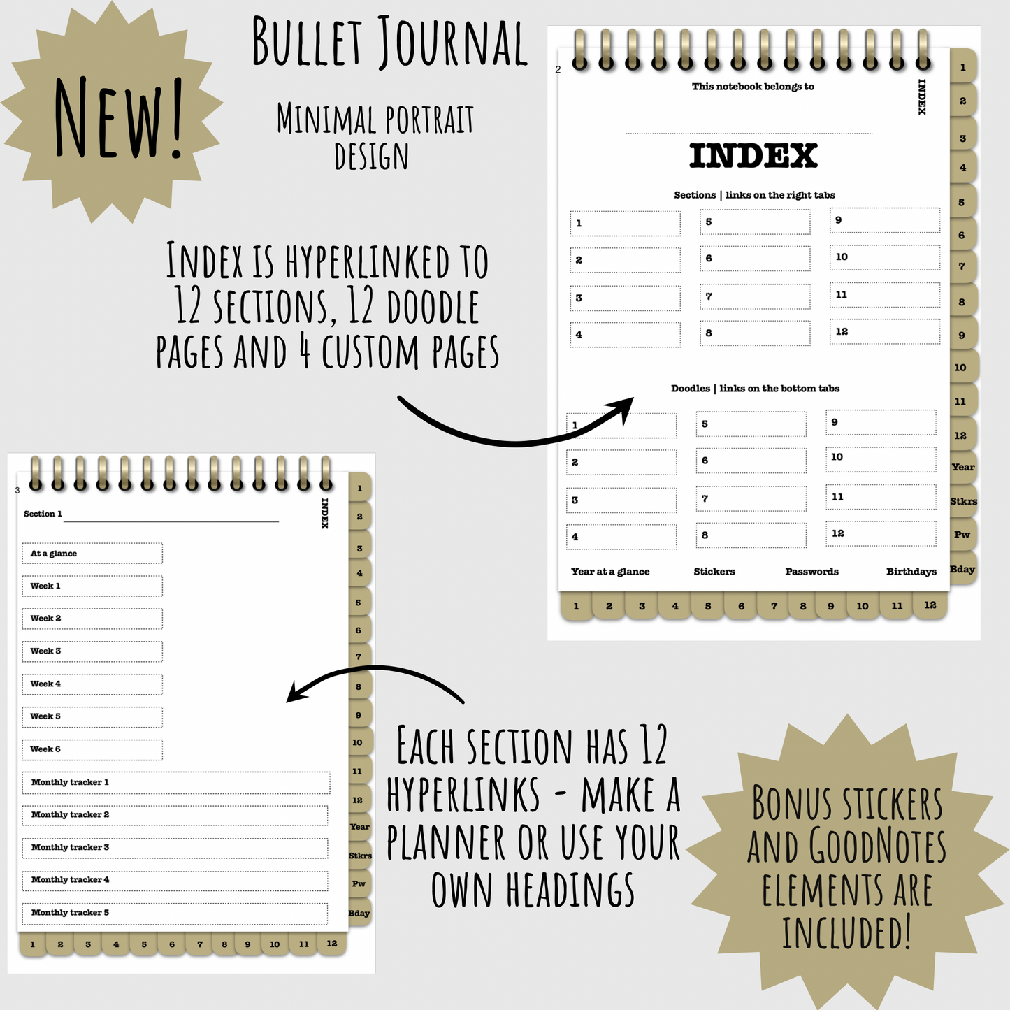 Digital bullet journal for GoodNotes, minimal design with hyperlinks, iPad journal