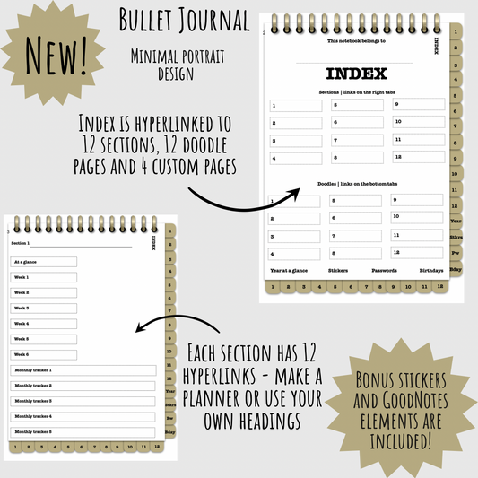 Digital bullet journal for GoodNotes, minimal design with hyperlinks, iPad journal