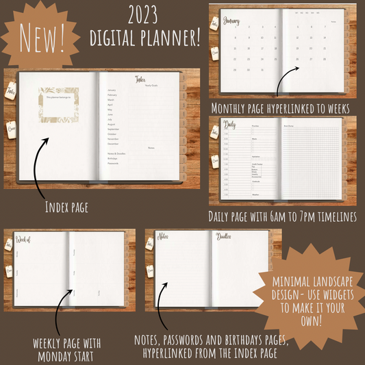 2023 dated digital planner journal for GoodNotes, ZoomNotes minimal design with daily, weekly, monthly hyperlinks