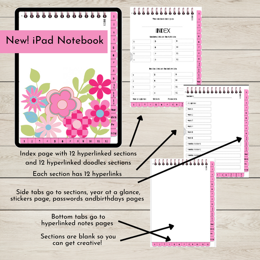 Retro Floral Digital Notebook, GoodNotes Planner, 12 divider hyperlinks, 12 doodles hyperlinks, Year at a glance page