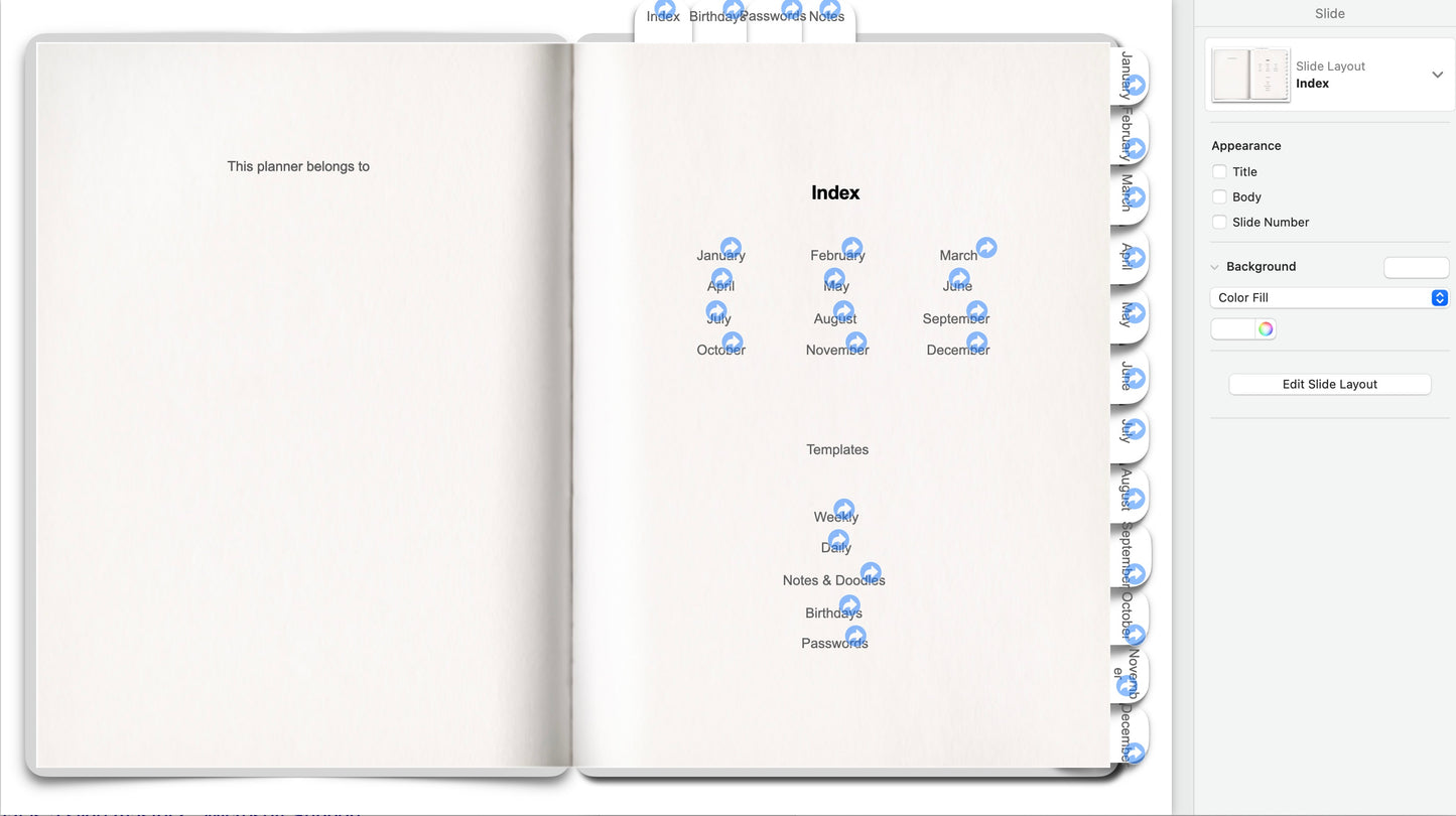 Editable Keynote file for digital planner - hyperlinked months, weeks and days!