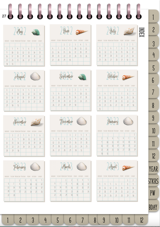 Coastal Design Digital Notebook, GoodNotes Planner, 12 divider hyperlinks, 12 doodles hyperlinks, Year at a glance page