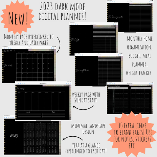 2023 dated dark mode digital planner journal for GoodNotes, ZoomNotes minimal design with daily, weekly, monthly hyperlinks