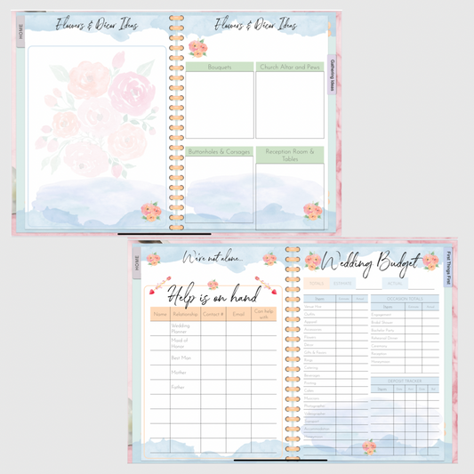 Digital wedding planner journal for GoodNotes, ZoomNotes. Hyperlinked sections for vows, budget, ceremony and venue planning, journaling