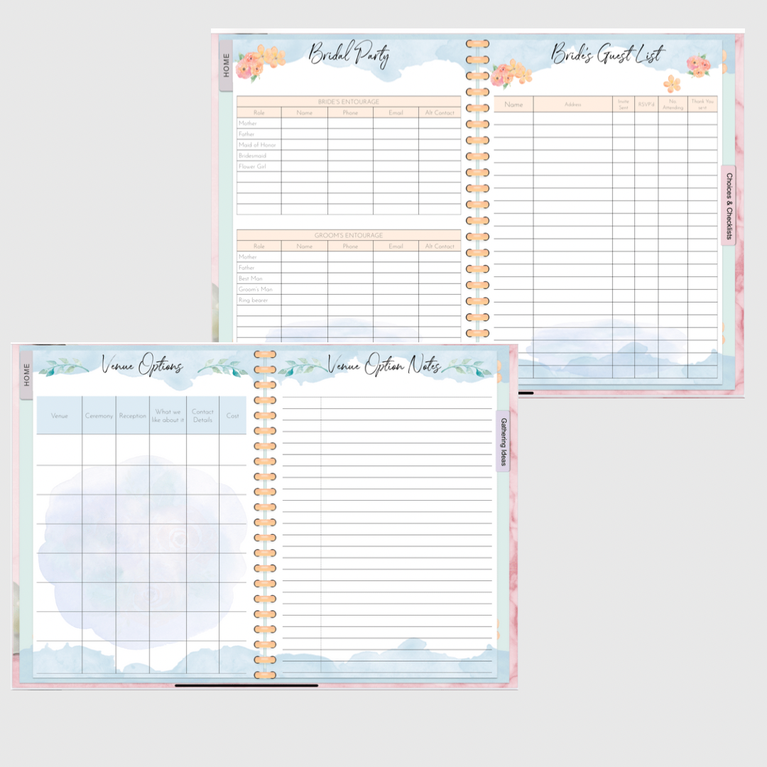 Digital wedding planner journal for GoodNotes, ZoomNotes. Hyperlinked sections for vows, budget, ceremony and venue planning, journaling