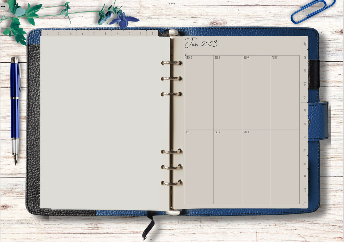 2023 dated digital planner journal for GoodNotes, ZoomNotes minimal design with daily, weekly, monthly hyperlinks