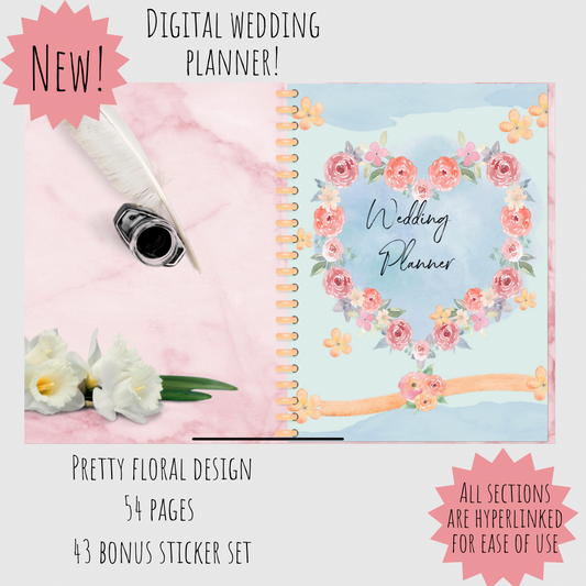 Digital wedding planner journal for GoodNotes, ZoomNotes. Hyperlinked sections for vows, budget, ceremony and venue planning, journaling