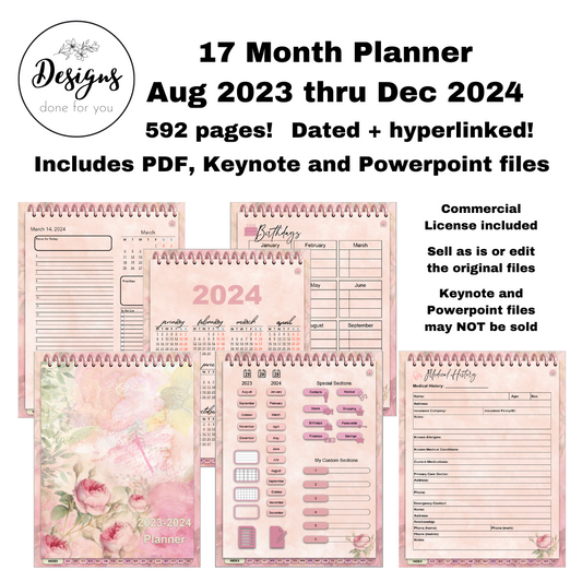17 Month Digital Planner PLR with commercial license Pink floral | Powerpoint, Keynote and PDF files
