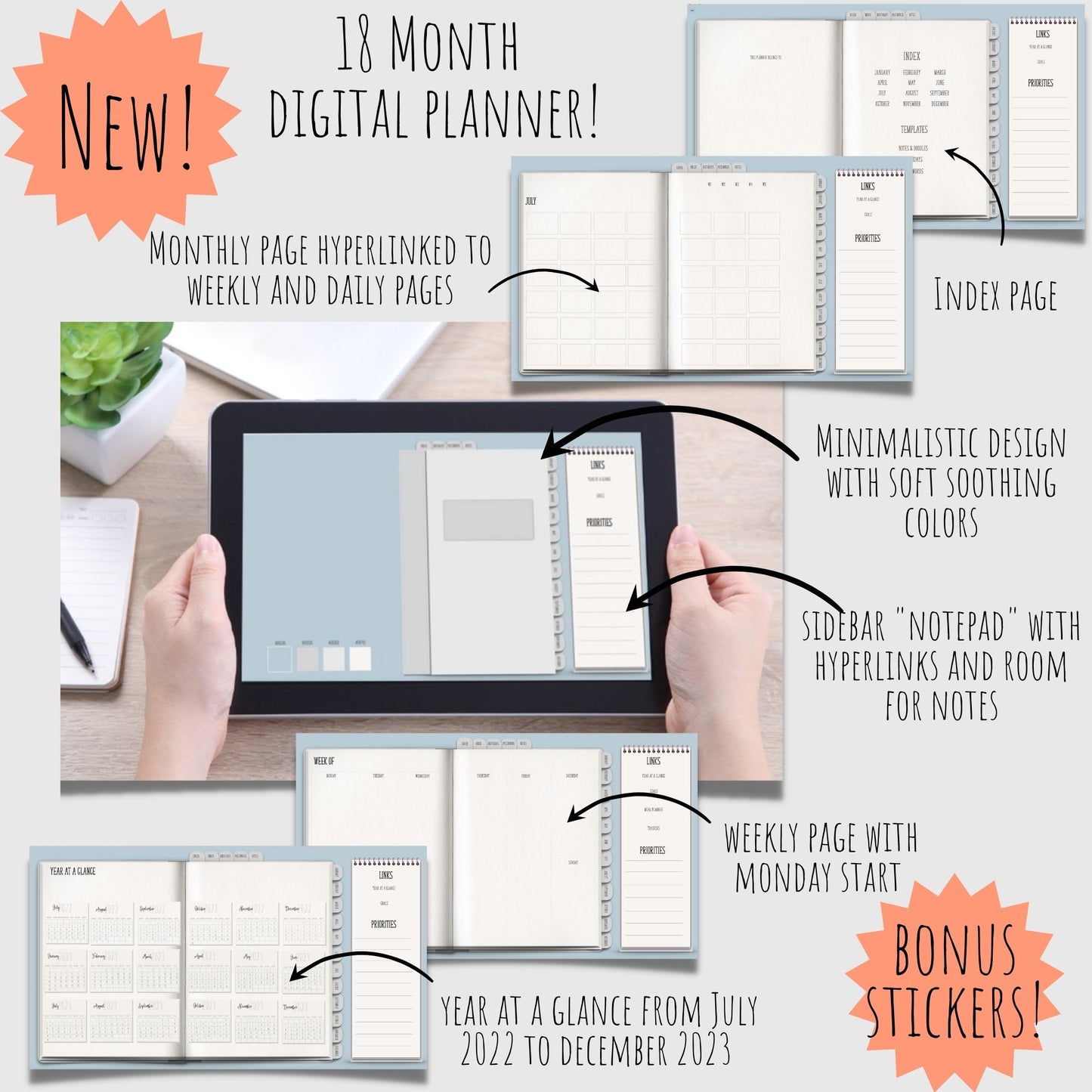 Digital Planner, 18 months undated journal for GoodNotes, minimal design with hyperlinks and bonus sticker set