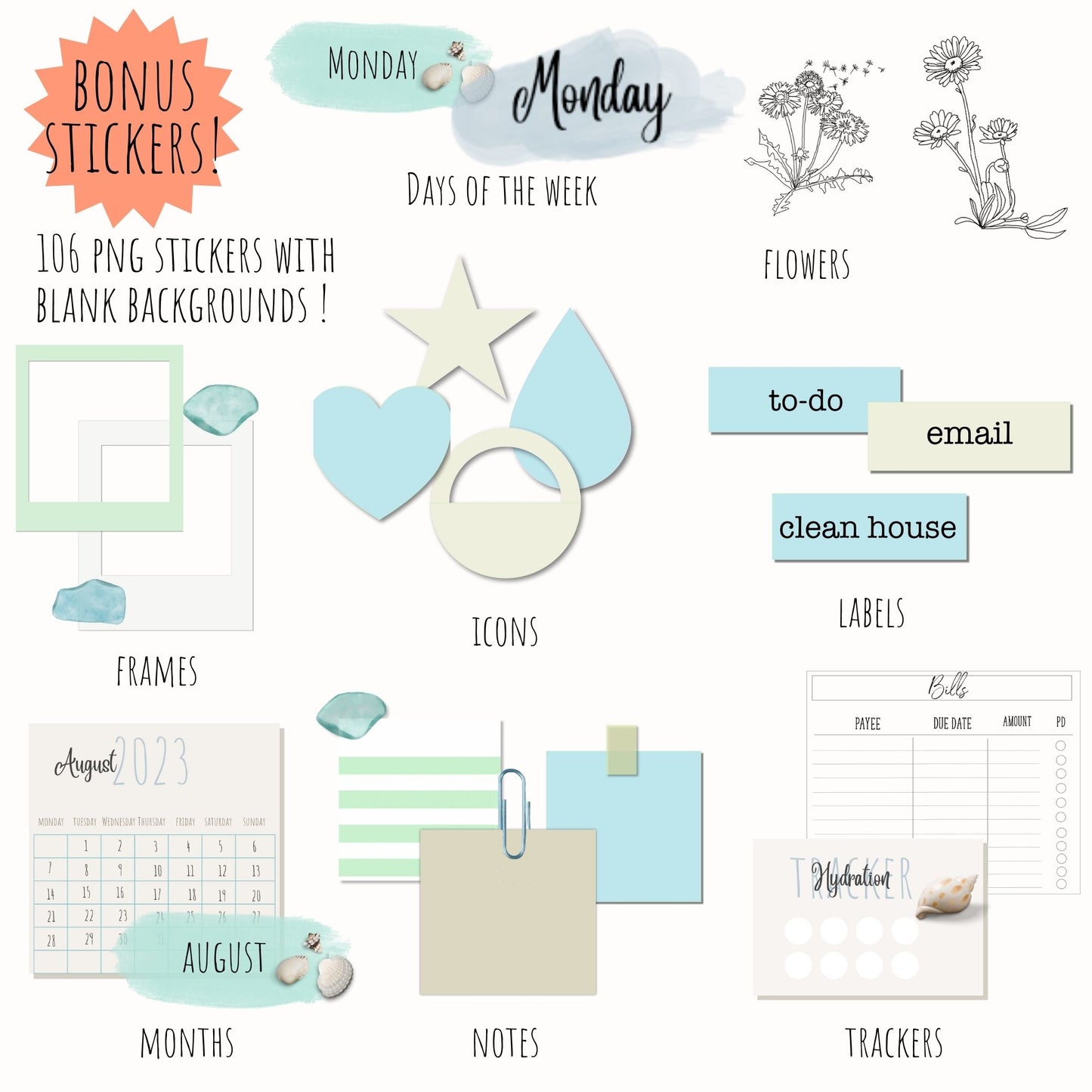 Digital Planner, 18 months undated journal for GoodNotes, minimal design with hyperlinks and bonus sticker set