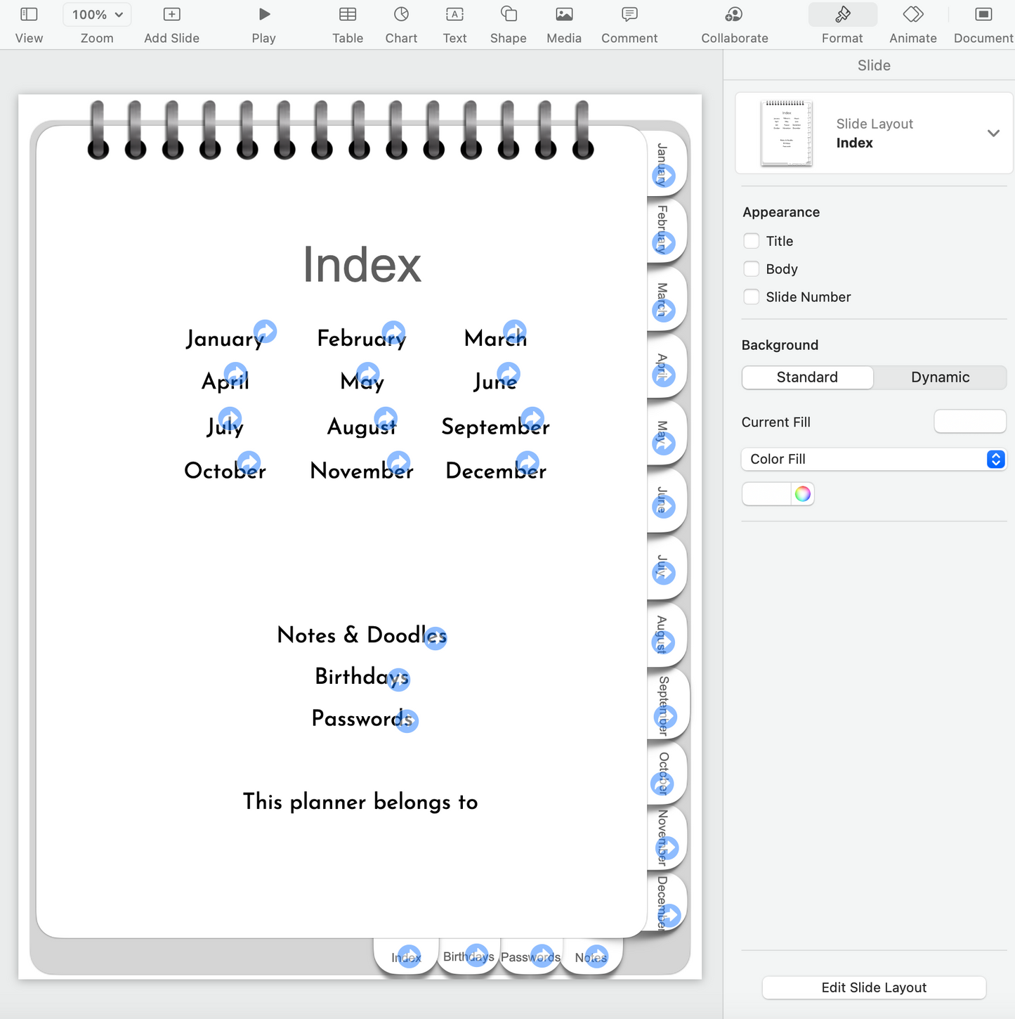 Editable Keynote file for portrait orientation digital planner - hyperlinked months, weeks and days!