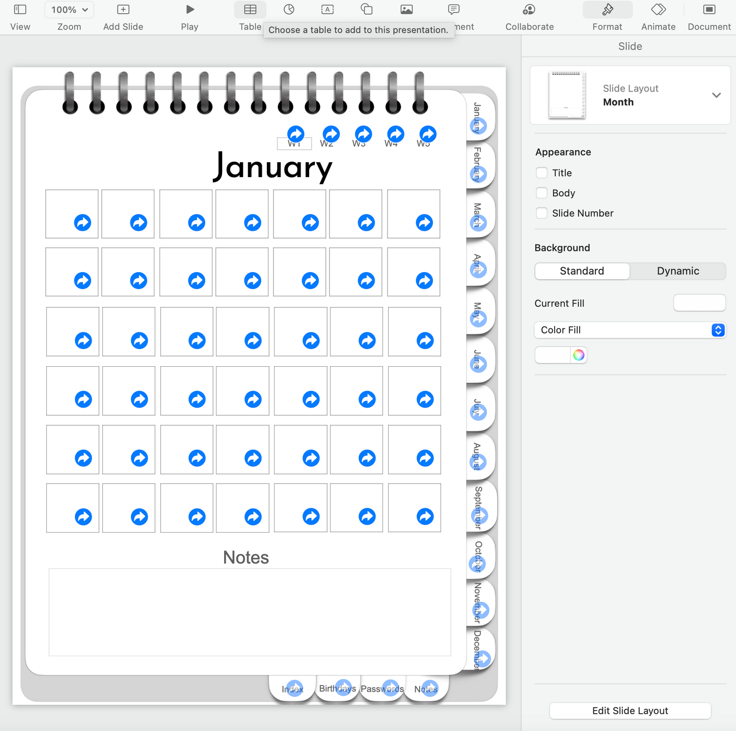 Editable Keynote file for portrait orientation digital planner - hyperlinked months, weeks and days!