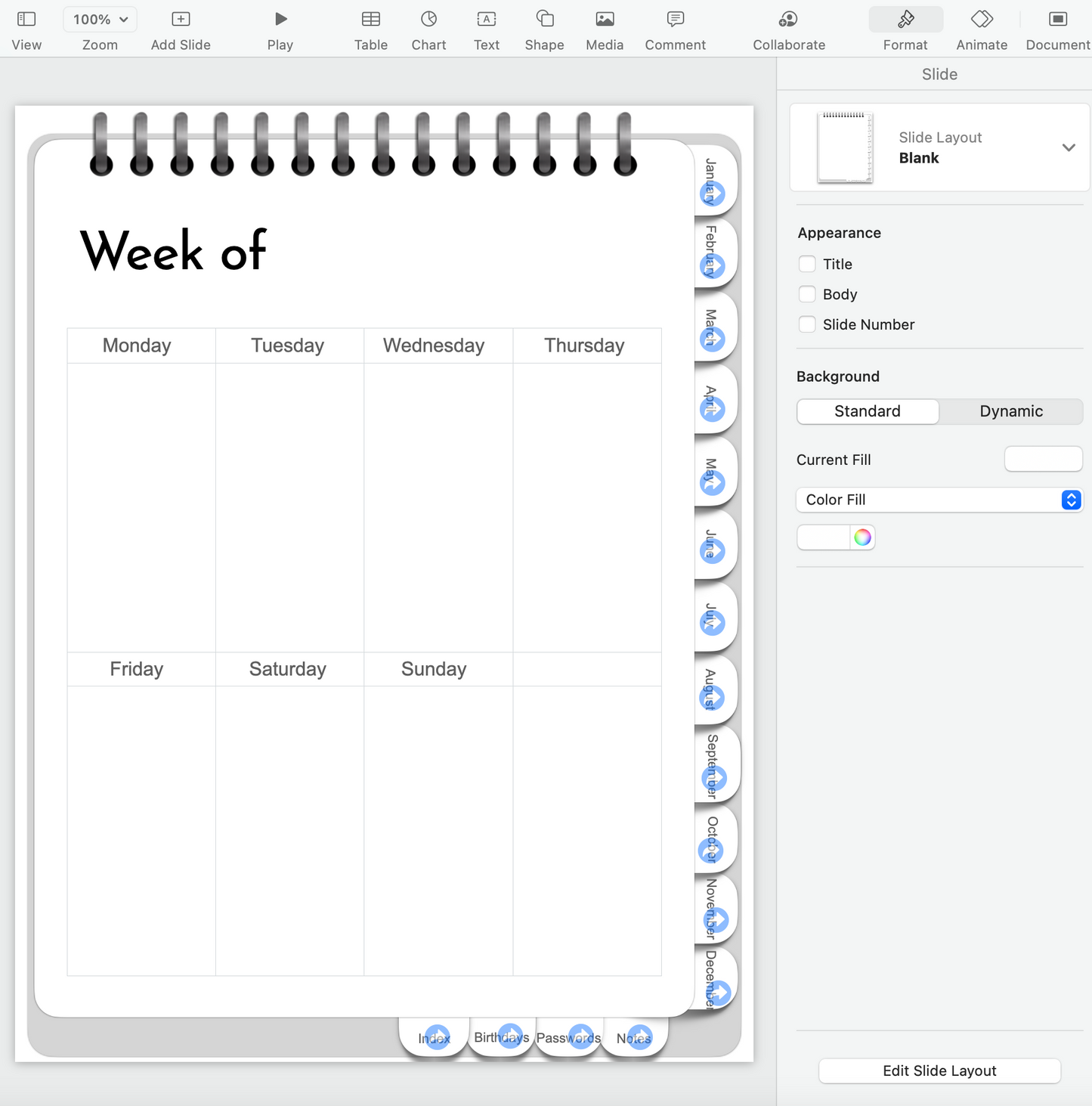 Editable Keynote file for portrait orientation digital planner - hyperlinked months, weeks and days!