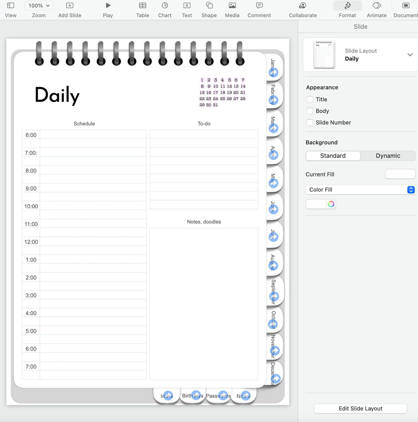 Editable Keynote file for portrait orientation digital planner - hyperlinked months, weeks and days!