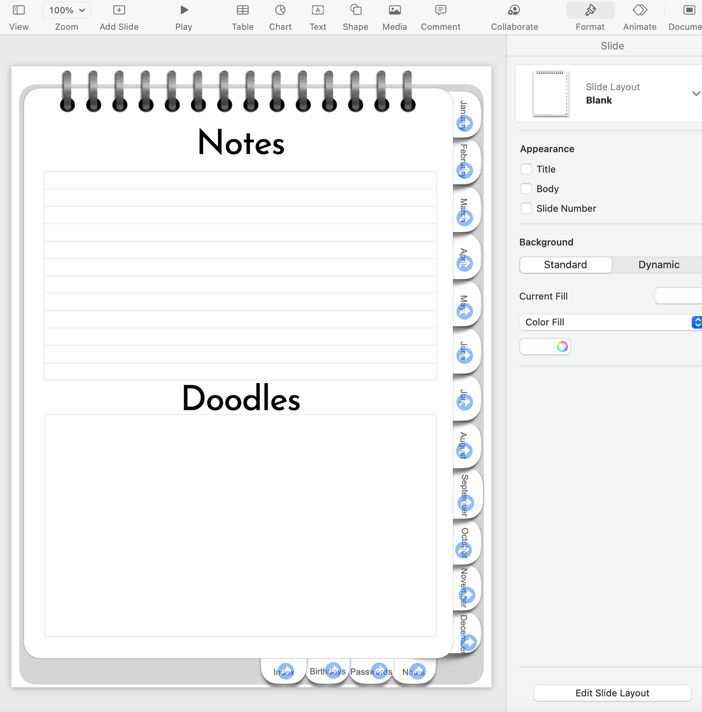 Editable Keynote file for portrait orientation digital planner - hyperlinked months, weeks and days!