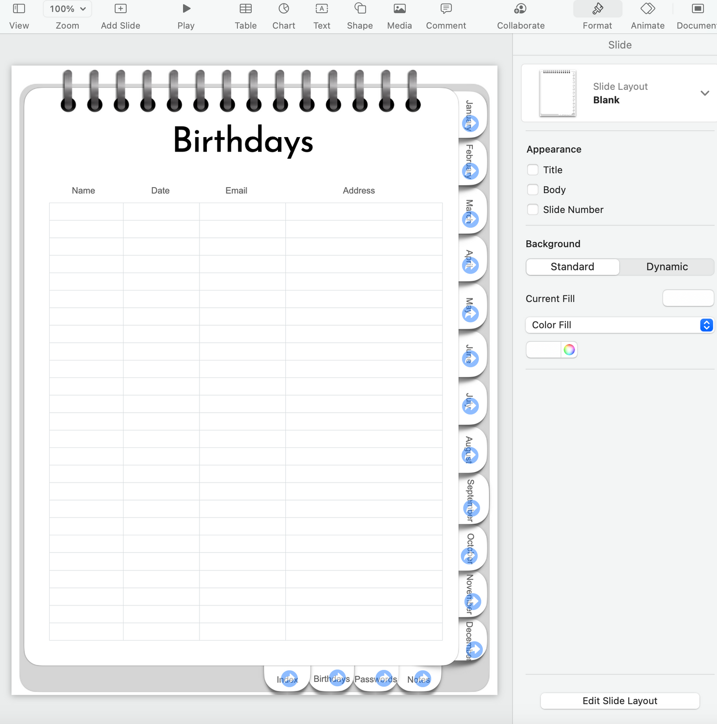 Editable Keynote file for portrait orientation digital planner - hyperlinked months, weeks and days!