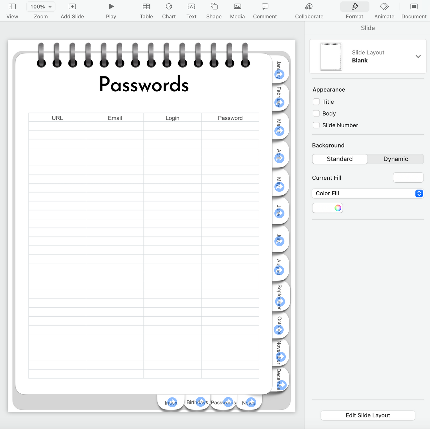 Editable Keynote file for portrait orientation digital planner - hyperlinked months, weeks and days!