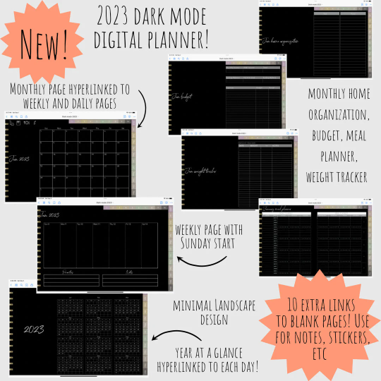 2023 dated dark mode digital planner journal for GoodNotes, ZoomNotes minimal design with daily, weekly, monthly hyperlinks