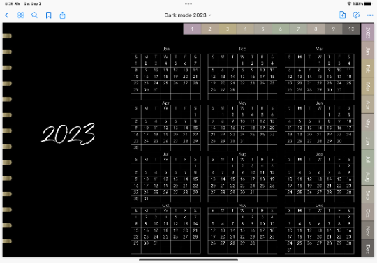 2023 dated dark mode digital planner journal for GoodNotes, ZoomNotes minimal design with daily, weekly, monthly hyperlinks