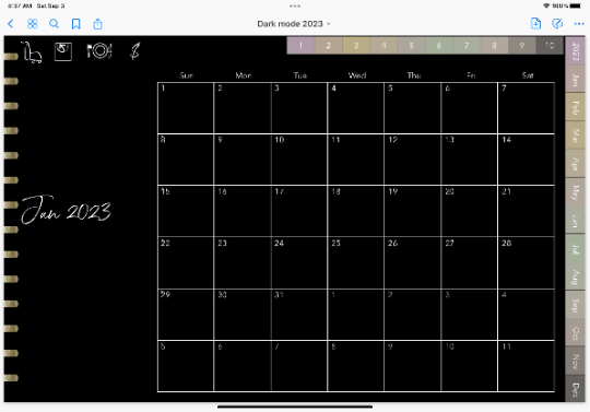 2023 dated dark mode digital planner journal for GoodNotes, ZoomNotes minimal design with daily, weekly, monthly hyperlinks