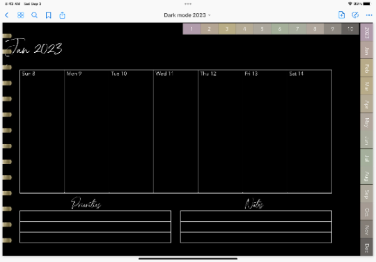 2023 dated dark mode digital planner journal for GoodNotes, ZoomNotes minimal design with daily, weekly, monthly hyperlinks