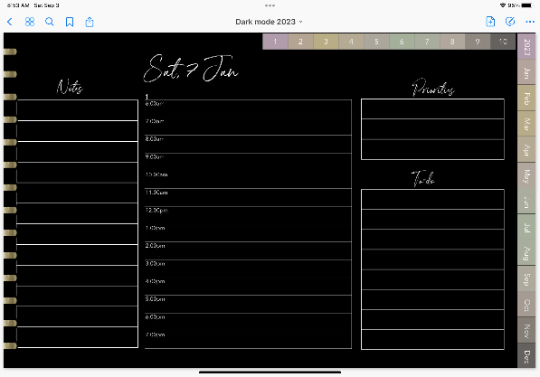 2023 dated dark mode digital planner journal for GoodNotes, ZoomNotes minimal design with daily, weekly, monthly hyperlinks