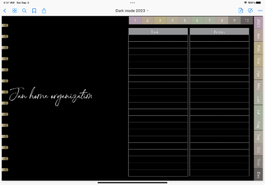 2023 dated dark mode digital planner journal for GoodNotes, ZoomNotes minimal design with daily, weekly, monthly hyperlinks