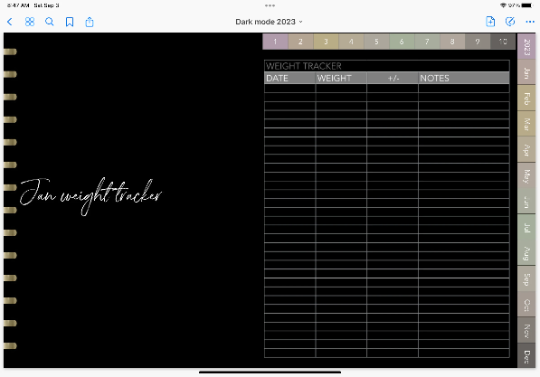 2023 dated dark mode digital planner journal for GoodNotes, ZoomNotes minimal design with daily, weekly, monthly hyperlinks