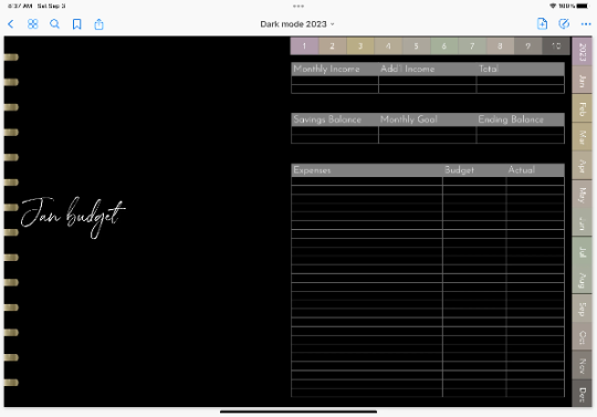 2023 dated dark mode digital planner journal for GoodNotes, ZoomNotes minimal design with daily, weekly, monthly hyperlinks