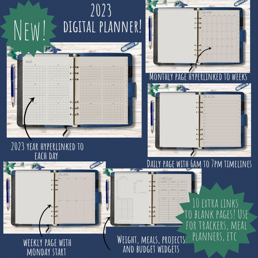 2023 dated digital planner journal for GoodNotes, ZoomNotes minimal design with daily, weekly, monthly hyperlinks